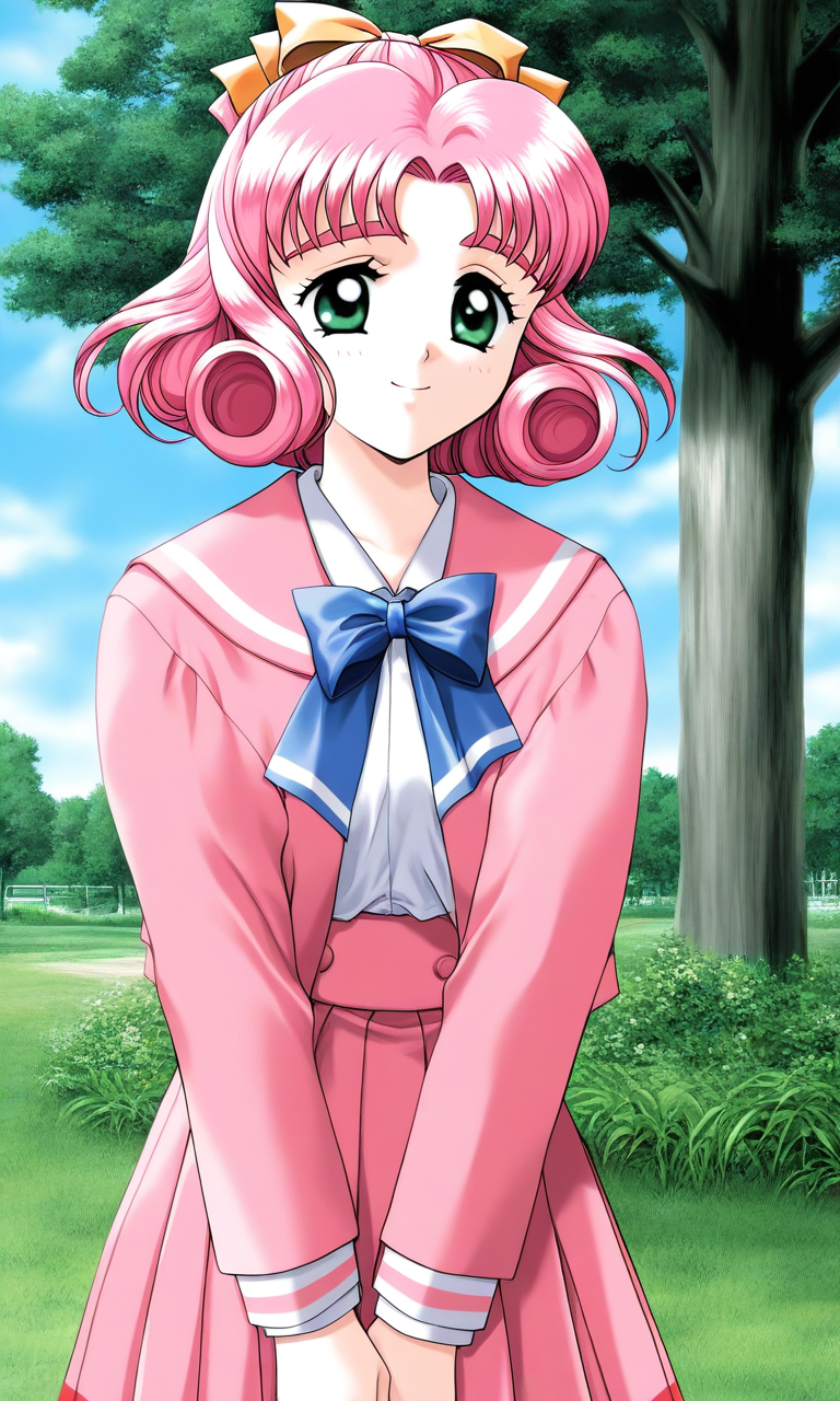 general,highres, ultra-detailed,very aesthetic,best quality ,best hands, BREAK <lora:Minagawa_Nana_kakyuusei_Ver2.0_IS:1>
Minagawa_Nana(kakyuusei), 1girl, solo, pink hair, short hair, hair bow, ribbon, green eyes, curly hair, 
school uniform, long sleeves, bangs, pink skirt, pink jacket, pleated skirt, blue bow, white shirt,
smile, v arms, cowboy_Shot, open jacket,
grass, tree, sky, day,