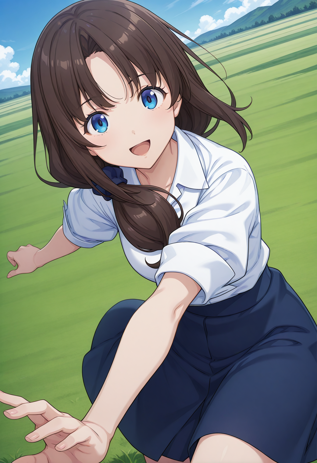 tantei1_ayumi, blue eyes, brown hair, long hair, hair scrunchie, collared shirt, white shirt, blue skirt, <lora:tantei1_ayumi_illustrious_ver1:0.8> 
smile, open mouth, cowboy shot,, masterpiece, best quality, sensitive,, 1girl, solo, blue sky, (grasslands:1.2), looking at viewer,, (dynamic pose:1.4),