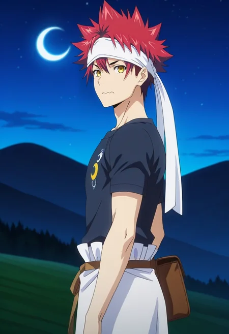 masterpiece, best quality, , anime screencap, anime coloring, official style, looking at viewer, 1boy, solo, male focus, <lora:souma_yukihira_ilxl:0.9>, souma_yukihira, red hair, yellow eyes, spiked hair, white headband, white apron, from side, hill, night, crescent moon, floating, wavy mouth, Ikat OliveGreen Broderie anglaise Fleece joggers, Mock neck T-shirt, Brogues, , Satchel and