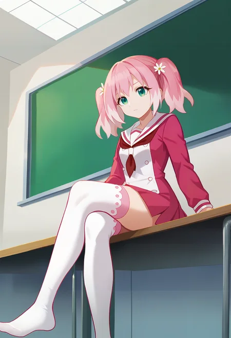 score_9_up,score_8_up,score_7_up,
TN_NN,solo,1girl,pink hair,multicolored hair,hair flower,twintails,aqua eyes,pink dress,sailor collar,red neckerchief,white thighhighs,<lora:TN_NN_v1.0_PONY-000040:1>,simple_background,white_background,crossed_legs,sitting,classroom,blackboard,ceiling,window,full body,from_below,feet out of frame,looking_at_viewer
