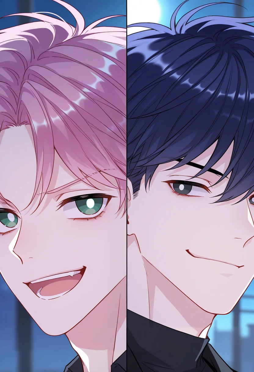 masterpiece, best quality, amazing quality, very aesthetic, high resolution, ultra-detailed, absurdres, depth of field, newest, scenery, dynamic angle, cinematic lighting, BREAK <lora:xian-yi:0.86>, 2 boys, male focus, masculine hairstyle, short hair, white pupils, split portrait,dual portrait, two-sided boys, BREAK ,(right side, qin xian, dark blue hair,messy hair, black eyes,closed mouth) BREAK (left side, wang yi, pink hair,smirking expression,green eyes,open mouth), BREAK,smile, young man, upper body,from side
