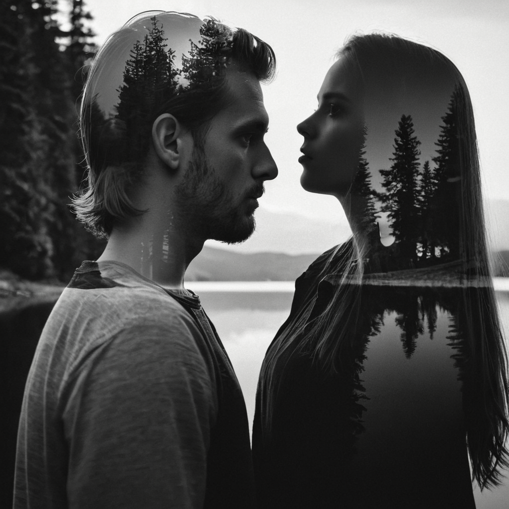 Double Exposure photography, <lora:detailed_notrigger:0.1>
<lora:facial expression style v2:0.1>
<lora:perfection style:0.1> perfection style
<lora:TeethXL:0.1>
<lora:detailed:0.1> detailed
<lora:skin texture style:0.1>
 <lora:Double Exposure style:1>
Double Exposure style superimposition style of a woman with a long hair and a Double Exposure man standing in front of a lake, sharp, detailed, cinematic photography style, two different exposures, images layered on top of each other, photo within photo, photo on top of another photo, Multiple exposure, Superimposition style, Double Exposure style, solo, 1boy, monochrome, greyscale, male focus, facial hair, from side, profile, 1girl, long hair, silhouette
, double image ghost effect, image combination, double exposure style