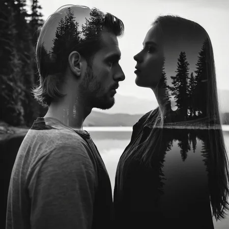 Double Exposure photography, <lora:detailed_notrigger:0.1>
<lora:facial expression style v2:0.1>
<lora:perfection style:0.1> perfection style
<lora:TeethXL:0.1>
<lora:detailed:0.1> detailed
<lora:skin texture style:0.1>
 <lora:Double Exposure style:1>
Double Exposure style superimposition style of a woman with a long hair and a Double Exposure man standing in front of a lake, sharp, detailed, cinematic photography style, two different exposures, images layered on top of each other, photo within photo, photo on top of another photo, Multiple exposure, Superimposition style, Double Exposure style, solo, 1boy, monochrome, greyscale, male focus, facial hair, from side, profile, 1girl, long hair, silhouette
, double image ghost effect, image combination, double exposure style