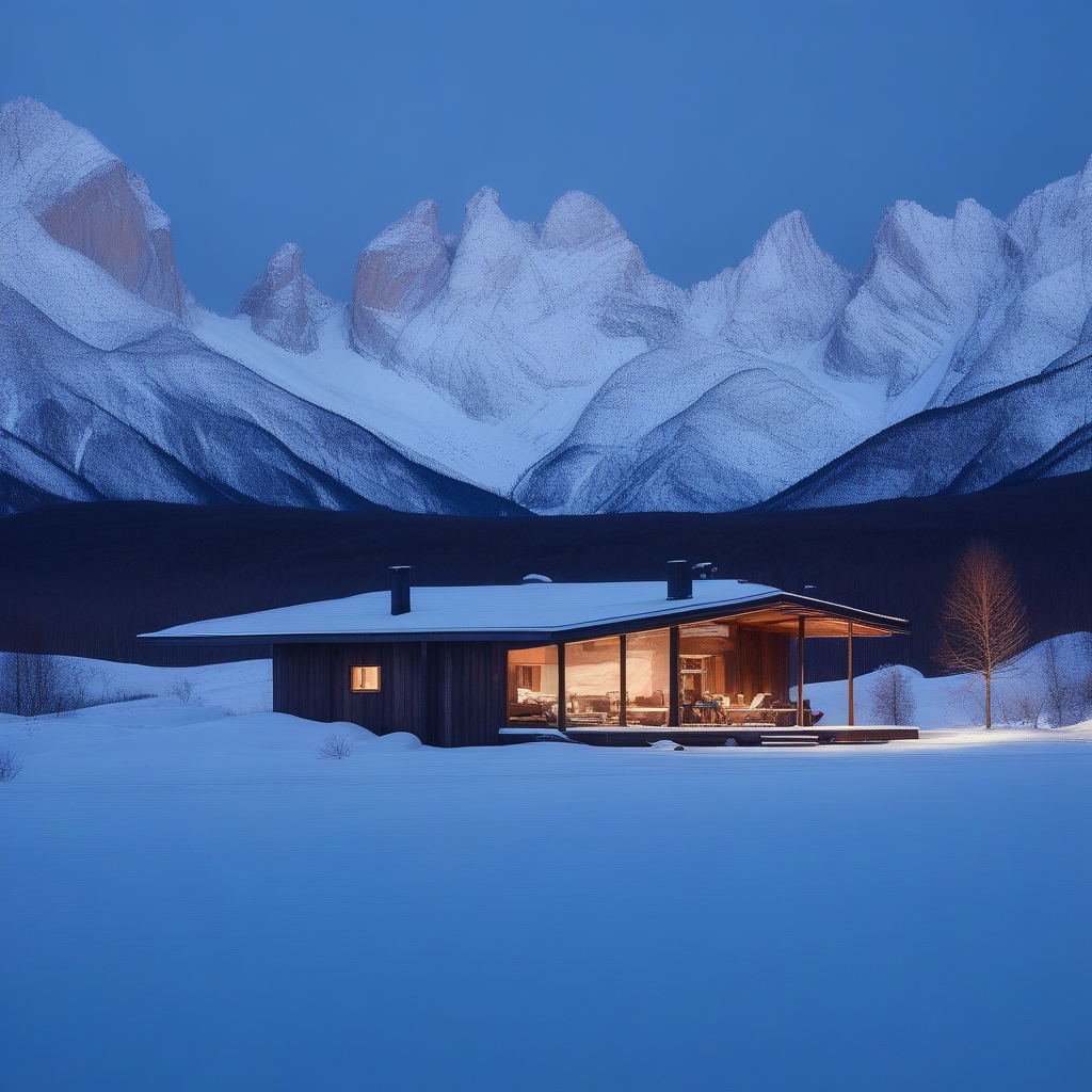 A cabin in a snow-filled area surrounded by white rocky mountains, minimal indoor lighting, warm indoor lighting, In the woods