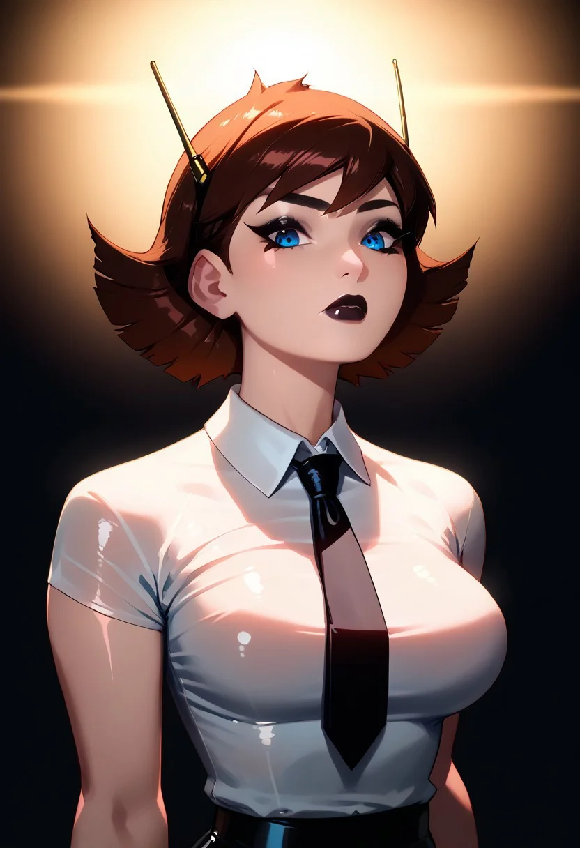 Score_9, score_8_up, score_7_up, score_6_up, best quality, highly detailed, colorful, realistic, 1girl, janet van dyne, brown hair, short hair, blue eyes, white shirt, collared shirt, tight shirt, black necktie, black pants, slim body, thin, closed mouth, black eyeliner, long eyelashes, black eyelashes, makeup, SOLO, black eyeshadow, black lipstick, very shiny skin, glistening body, subsurface scattering, detailed skin texture, oiled body, large breasts, very dark background, dark theme, low light, bright backlighting, neon shadow, dramatic lighting, extreme dark theme, upper body, looking down on viewer, (from side:0.5),