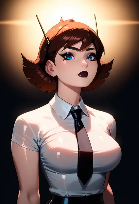 Score_9, score_8_up, score_7_up, score_6_up, best quality, highly detailed, colorful, realistic, 1girl, janet van dyne, brown hair, short hair, blue eyes, white shirt, collared shirt, tight shirt, black necktie, black pants, slim body, thin, closed mouth, black eyeliner, long eyelashes, black eyelashes, makeup, SOLO, black eyeshadow, black lipstick, very shiny skin, glistening body, subsurface scattering, detailed skin texture, oiled body, large breasts, very dark background, dark theme, low light, bright backlighting, neon shadow, dramatic lighting, extreme dark theme, upper body, looking down on viewer, (from side:0.5),