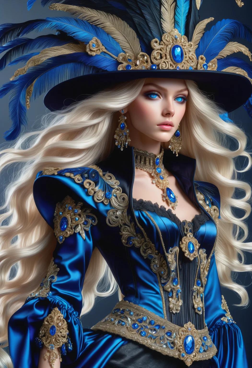 DonMM1yaXL woman, baroque Tricorn Hats, Beaded Fringe, __clothings/features/baroque/male/attire/collor-cleavage__, Embellished Cravats, Tassels and Fringe on Breeches, Filigree Buckles, bluish-black, wings,DonM3t3rn1tyXL, <lora:myLora\DonMM1y4XL-v1.1-000008:.8> <lora:released\DonM3t3rn1tyXL-v1.1-000008:.8> <lora:SDXL\DetailedEyes_V3> <lora:myLora\DonMDr4g0nXL-rb>