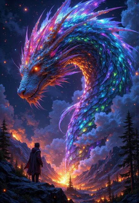 In a mesmerizing digital painting, A large space and below there is a fire in a open forest and a giant storm emerges, radiating vibrant bioluminescent hues against the dark expanse of space. Its otherworldly form is a symphony of colors, with scales that shimmer like precious gems and intricate patterns that seem to dance with life. Luminescent tendrils extend from its body, illuminating its surroundings with an ethereal glow. showcasing its celestial beauty in stunning high-definition.
<lora:FluxMythP0rtr4itStyle:0.6> <lora:Midjourney_Dreamlike_Fantasy_FLUX_LoRA:0.6> <lora:Elden_Ring_-_Yoshitaka_Amano:0.33>