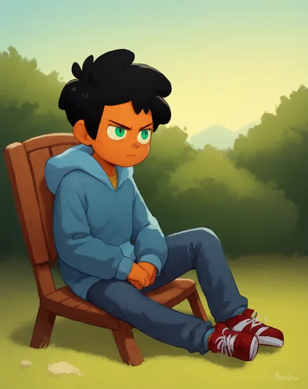 score_9, score_8_up, score_7_up, <lora:MaxCamp:0.8>, 1boy, solo, Max, black hair, green eyes, dark skin, blue hoodie, pants, red sneakers, sitting, serious, chair, outdoors,