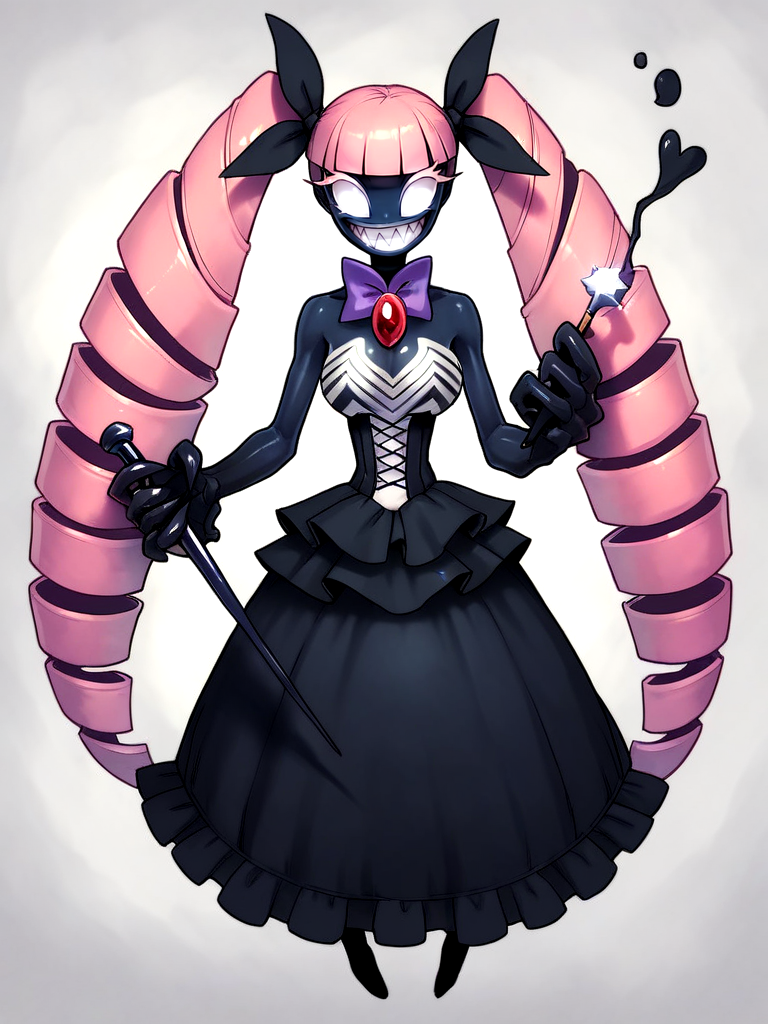 Score_9, score_8_up, score_7_up, score_6_up, score_5_up, BREAK, source_anime, magical girl, no humans, cute,  black dress, purple ribbon, BREAK, colored black skin, monster girl, monsterification, personification, large pink hair, very long drill hair,  blunt bangs, twintails, half-closed eyes,  white eyes, white eyelashes, big sharp teeth, medium breasts, noseless, venom \(marvel\), symbiote,  corset, white print, frilled sleeves,  neck ribbon,  red heart jewel, magic wand with ribbon, BREAK,  <lora:Monsterification_V4:1>