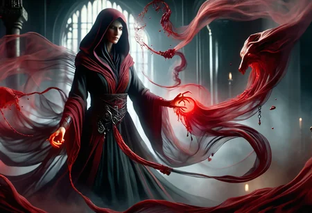 hyper detailed masterpiece, dynamic, awesome quality,female caster casting blood magic crimson streams and veils that flow and twine in the air, moving with an eerie life of their own, pulse with every heartbeat, creating an intimate yet unsettling spectacle, miasmic mist DonMM4g1cXL <lora:DonMM4g1cXL_v1.2:1>
