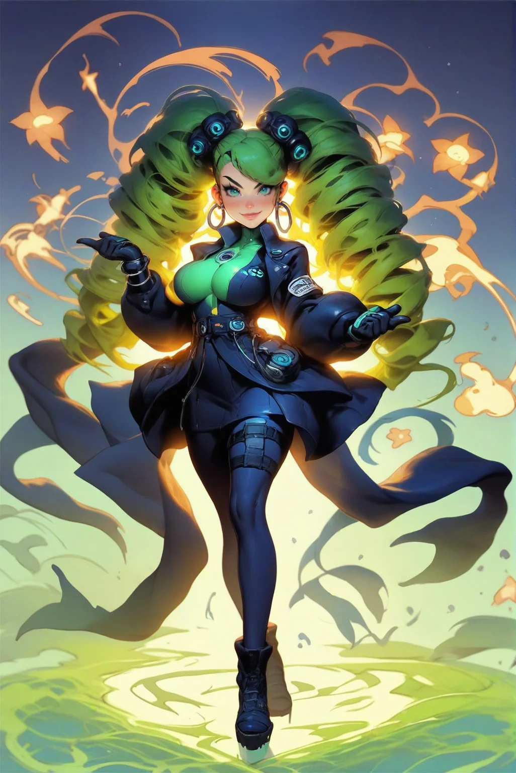 source_anime, score_9, score_8_up, score_7_up, anime style, big pretty eyes, rating_questionable, 1girl, woman, scifi, galactic gothic,magitech,nanopunk, scientist, full body, wearing uniform, bombshell hair, radiant color:lightgoldenrodyellow and sea green hair, Ringlet Curls, thicc athletic build, large breasts, caucasian, Peat Bog<lora:EnvyPonyPrettyEyes01:1>