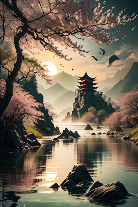 <lora:Calligraphy-ink-style-darquelilly-v1:1> calligraphyinkstyle, a noble stunning dragon flying in the sky, sunrise, spring, volumetric lighting, sunrise reflected in the water, black background, peaceful atmosphere, detail colour is green, a cherry blossom tree just with closed flowers