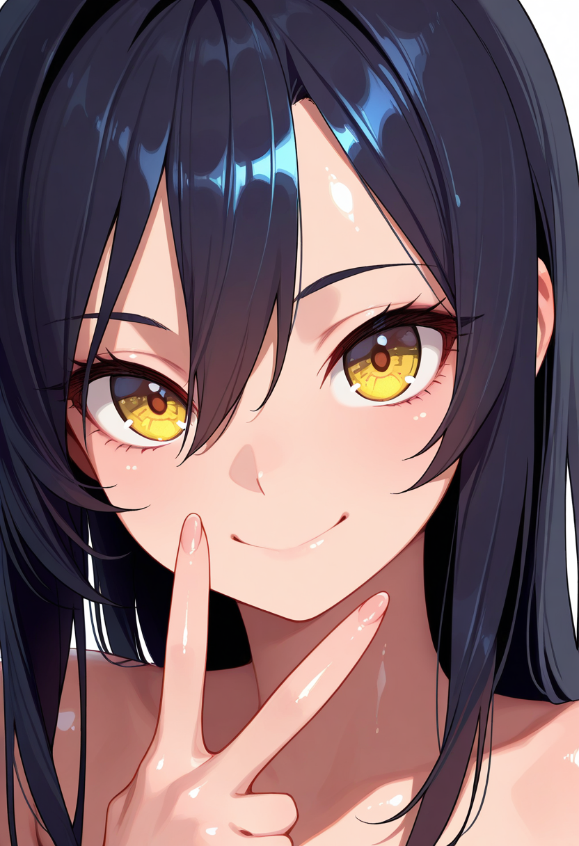 hi res, masterpiece, best quality, highres, v, yellow eyes, smile, long hair, looking at viewer, 1girl, hair between eyes, simple background, closed mouth, portrait, cartoon, shiny skin, shiny