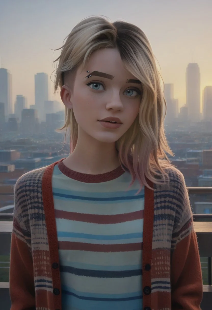 score_9, score_8_up, score_7_up, realistic photo of gwnstc, 1girl, unique angle, unique framing, (looking at viewer), parted lips, 1girl, blonde hair with pink dip-dye, undercut bob, blue eyes, eyebrow piercing, cardigan sweater, striped t-shirt, by loish, masterpiece, lips parted, slim figure, petite, nyc skyline in background, sunset, , side lighting, warm lights
