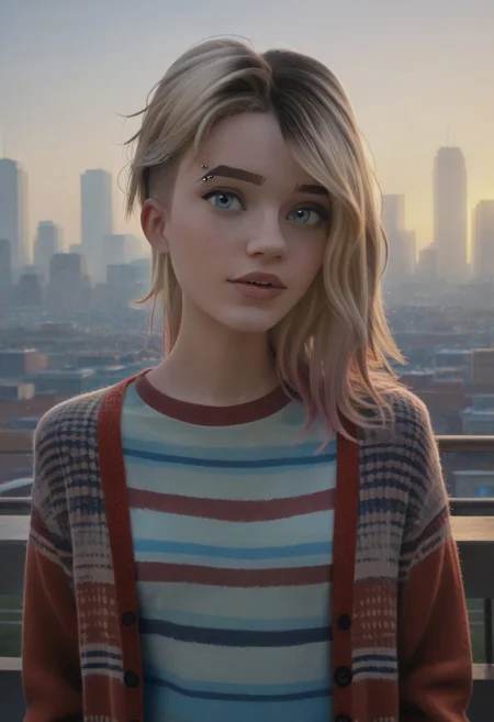 score_9, score_8_up, score_7_up, realistic photo of gwnstc, 1girl, unique angle, unique framing, (looking at viewer), parted lips, 1girl, blonde hair with pink dip-dye, undercut bob, blue eyes, eyebrow piercing, cardigan sweater, striped t-shirt, by loish, masterpiece, lips parted, slim figure, petite, nyc skyline in background, sunset, , side lighting, warm lights