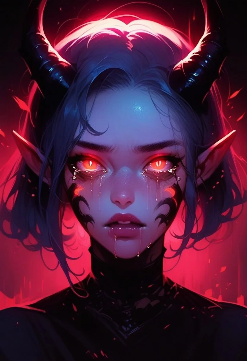 score_9, score_8_up, score_7_up, score_6_up, glow in the dark artwork of a demonic character with glowing eyes, solo, 1girl, pointy ears, looking at viewer, tears
Expressiveh