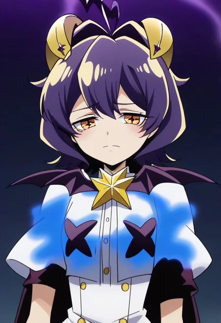 source_anime <lora:GushingoverMagicalGirlsSet1:0.8>, MagiaBaiser, short hair, yellow eyes, ahoge, purple hair, magical girl, showgirl skirt, black nails, low wings, cross-shaped pupils, yellow horns, star pasties,,, ,,, , , ,,,, ,,, , ,,,,,,,, anime coloring,anime screencap, 1girl,Solo ,, anime,official art,,Uncensored ,Unedited ,,,,,,,,