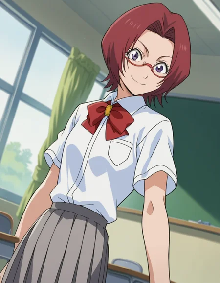score_9, score_8_up, score_7_up, source_anime,
chizuruhonsho, <lora:chizuru-honsho-s1-ponyxl-lora-nochekaiser:1>,
chizuru honsho, short hair, red hair, purple eyes, glasses,
skirt, shirt, bow, school uniform, white shirt, short sleeves, pleated skirt, bowtie, red bow, red bowtie, grey skirt,
indoors, classroom, smile,
looking at viewer, dutch angle, cowboy shot,