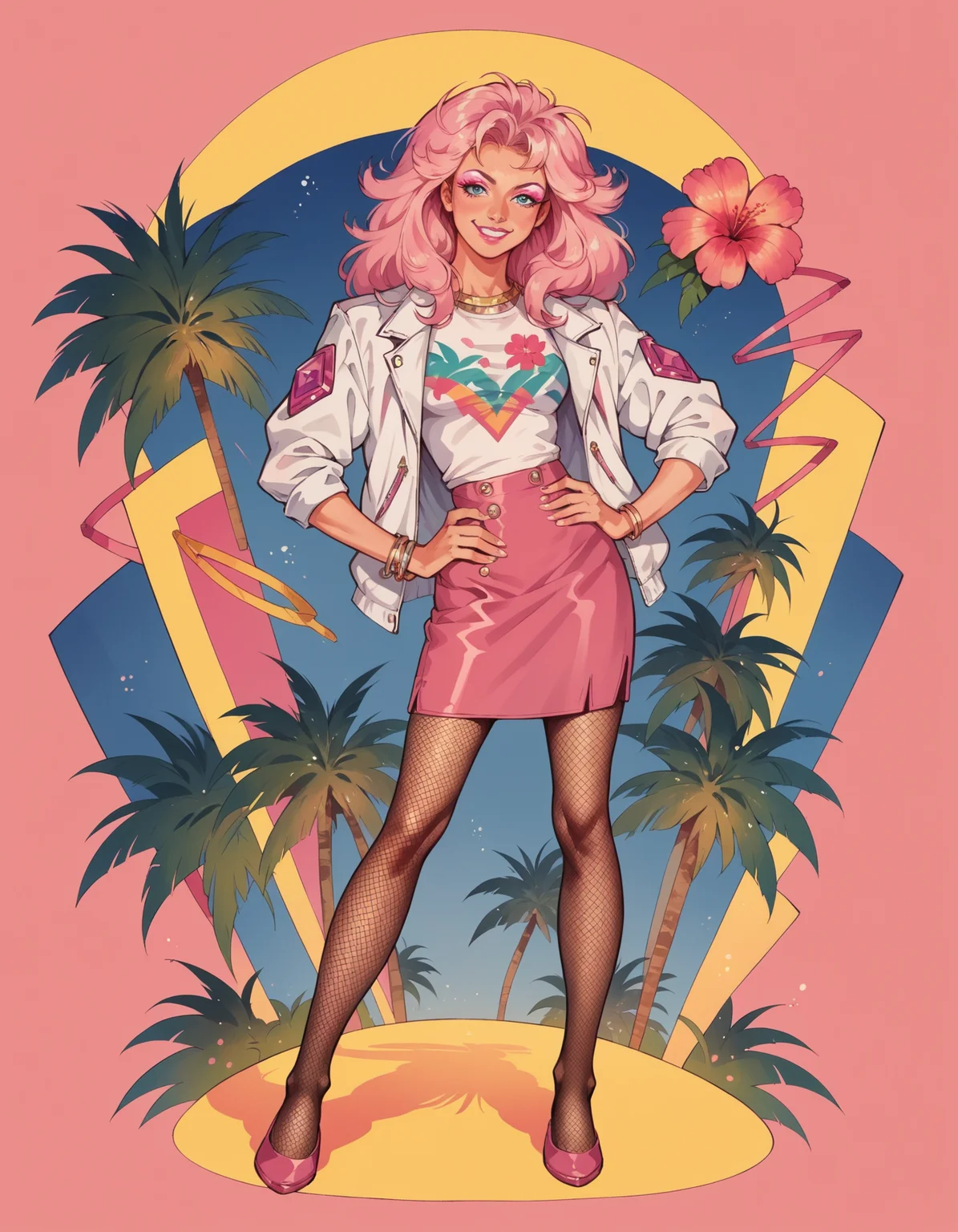 score_9, score_8_up, score_7_up, score_6_up, score_5_up, score_4_up, hud_jem_boxart, colorful retro artstyle, colorful background, palm trees, 1girl, long hair, jacket, flower, shirt, skirt, pink eyeshadow, lipstick, <lora:Jem_80s_Cartoonbox_art:0.7>, medium breasts, hand on hip, jewelry, pantyhose, fishnets, full body, blue eyes, smile