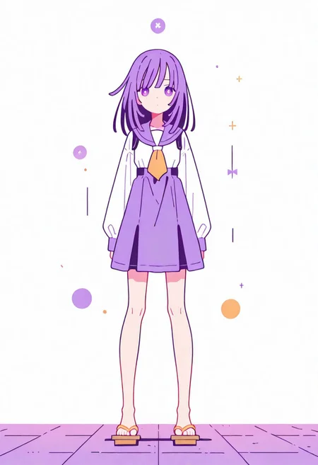 Flatline, Flat vector illustration, looking at viewer, full_body,
nadeko, long hair, long bangs, school_uniform, sailor,
slim, slender, knees, beautiful legs, barefoot, geta wooden sandals,
from front, front view, straight-on, look at viewer, standing, (legs apart:1.4),
white background,