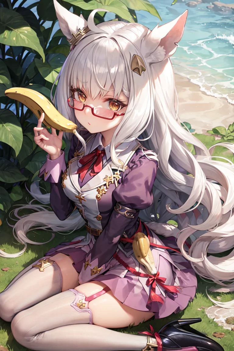 masterpiece, best quality,
biwa hayahide \(umamusume\),
holding banana, banana, banana tree, sitting under tree, wariza, from above,
semi-rimless eyewear, under-rim eyewear, red-framed eyewear, long sleeves, neck ribbon, red ribbon, puffy sleeves, juliet sleeves, buttons, purple shirt, dress, jacket, purple skirt, bell, miniskirt, zettai ryouiki, garter straps, black thighhighs, purple footwear, high heels,
<lora:biwa_hayahide_locon_0.99:0.6>