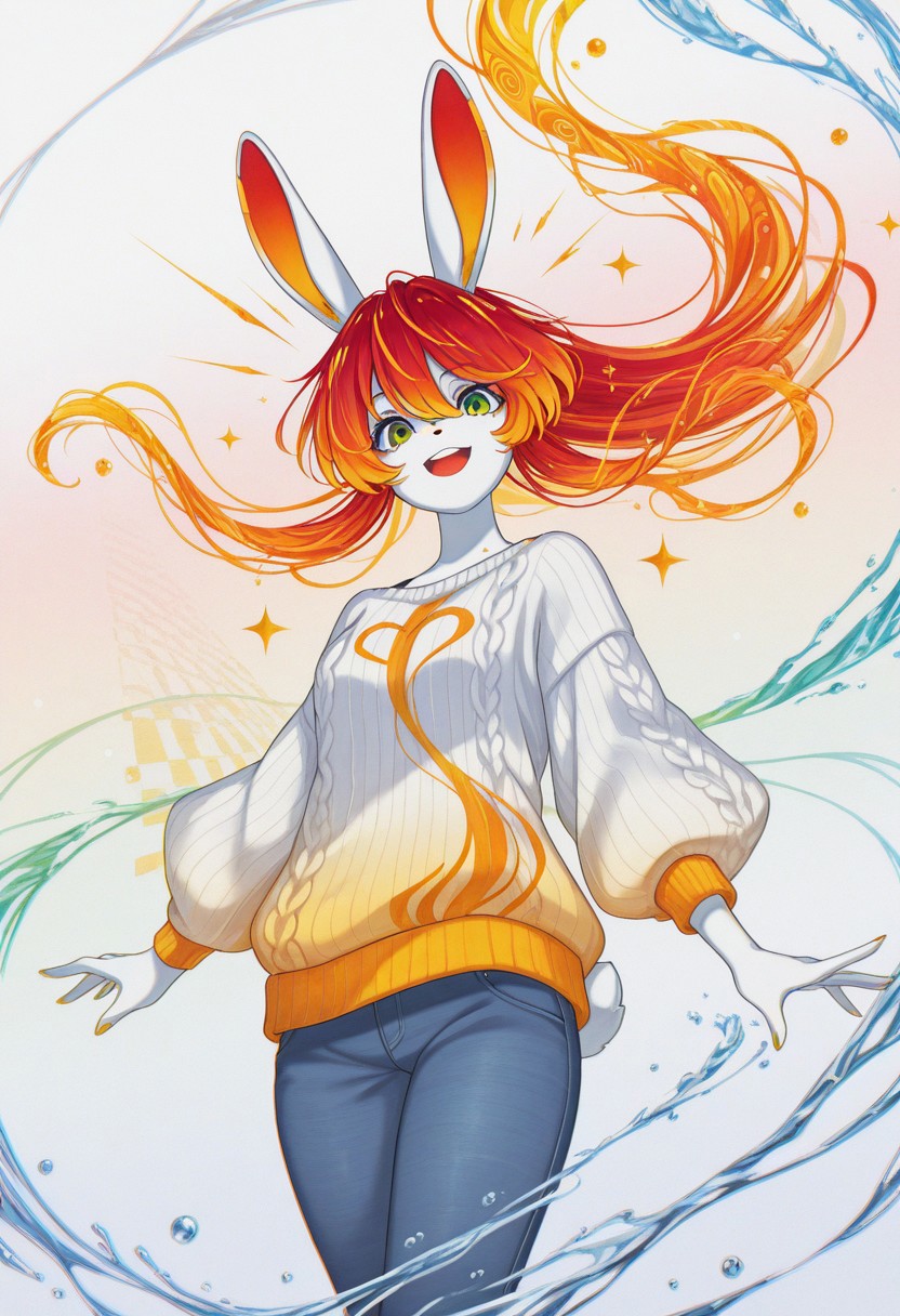 (masterpiece, gradient, recent, good_quality, high_quality, newest, very aesthetic, vibrant_background, abstract_background, colorful, surreal, anime_coloring:1, vectortrace:1, flat_colors:1,rabbit girl,furry,red hair,white rabbit ear,solo,add detailed eyes,green eyes,dressed,happy,long hair,roll-up sweater,jeans,BV-Illu,Dynamic pose, midnight blue gradient background, water,upper body,