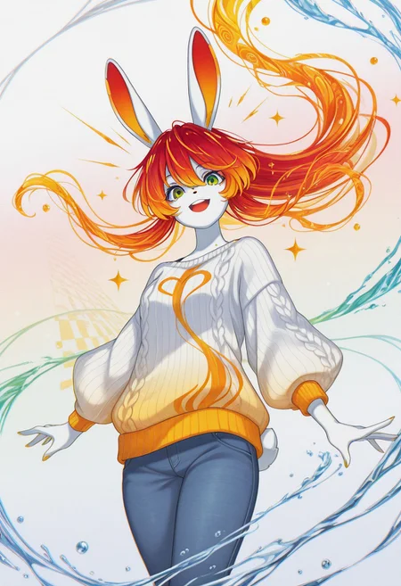 (masterpiece, gradient, recent, good_quality, high_quality, newest, very aesthetic, vibrant_background, abstract_background, colorful, surreal, anime_coloring:1, vectortrace:1, flat_colors:1,rabbit girl,furry,red hair,white rabbit ear,solo,add detailed eyes,green eyes,dressed,happy,long hair,roll-up sweater,jeans,BV-Illu,Dynamic pose, midnight blue gradient background, water,upper body,