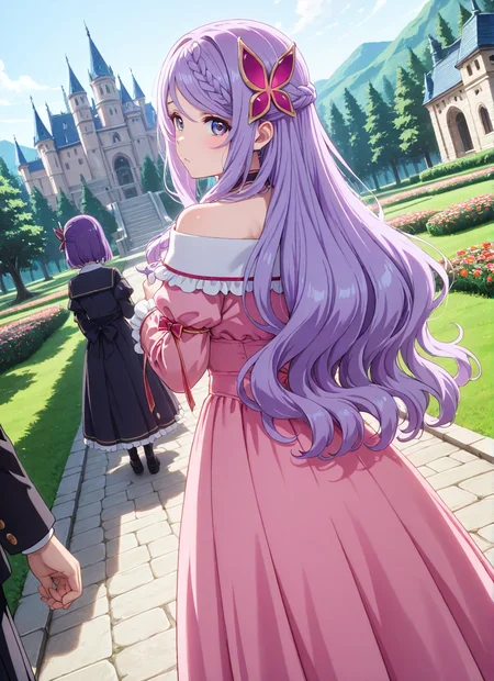 source_anime BREAK prefect lighting,very aesthetic,prefect hands,best quality,
intricate details,highly detailed background,(masterpiece:0.9),high quality,lustrous_skin,skindentation,(zPDXL3),
ultra delicate hair,
face_detail,
skin_detail,<lora:cfg_scale_boost>,
lustrous_skin,skindentation,
shiny skin,
<lora:seirei_gensouki_-_flora_beltrum_il:0.7>,flora_beltrum,very_long_hair,purple_hair,swept_bangs,braided_bangs,hair_ornament,purple_eyes,
choker,bow,pink_dress,off-shoulder_dress,frills,
masterpiece,best quality,ultra-detailed,Best-A,Medium-B,Low-C,Bad-D,cute,light_blush,dynamic_angle,
looking at viewer,scared,in summer,castle,park,flowers meadows,from behind,from_back,