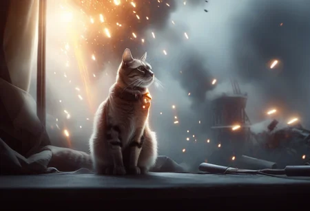 cinematic film still, A cat, bf1, <lora:BFXL:1> . city, vignette, highly detailed, high budget, cinemascope, moody, epic, gorgeous, film grain, grainy, fire, explosion