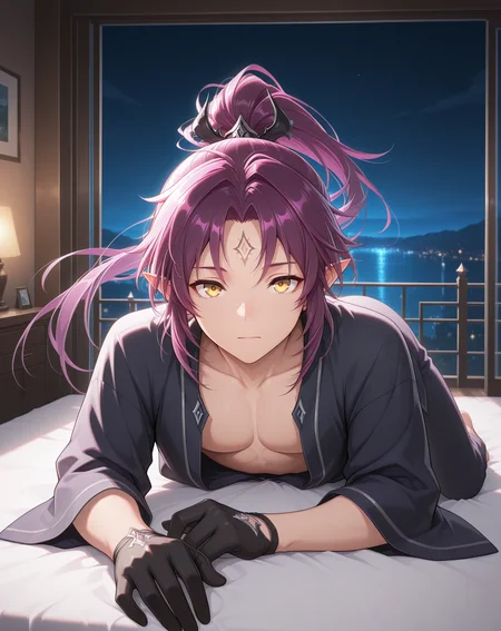 masterpiece,best quality,amazing quality, newest, very aesthetic, absurdres,
1boy, solo, yaoi, male focus, looking at viewer, full body, face focus, lying, on bed,
<lora:Veigas_FSI_ilxl:1> veigasfsi, black gloves, forehead mark, pointy ears, purple hair, high ponytail,yellow eyes, floating hair,
pajamas, open clothes,
indoors, night, dark room, bedroom,