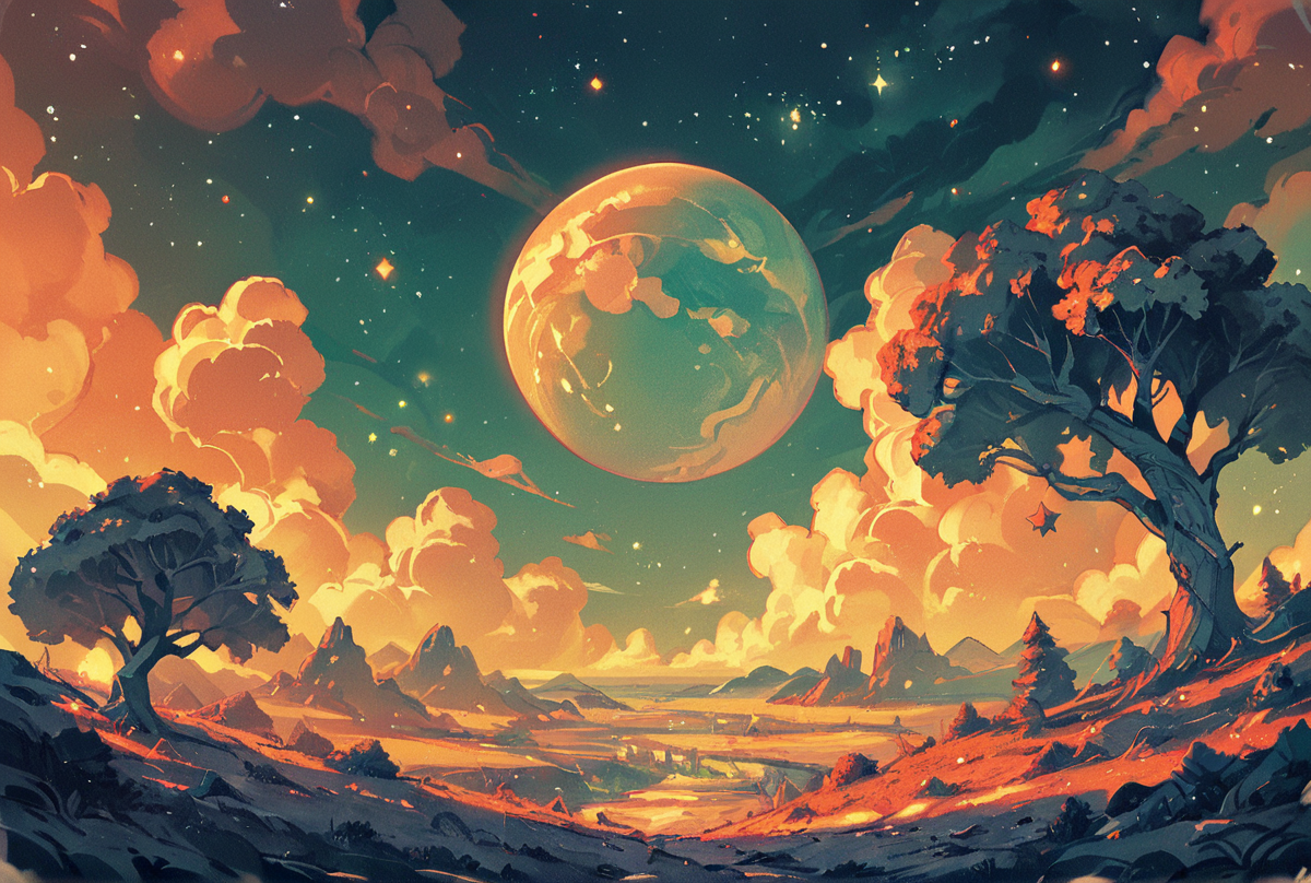 score_9.score_8_up,score_7_up,
<lora:space_backround-pony-8:0.6>,
space_backround,
 scenery, no humans, cloud, sky, tree, star (sky),green and orange theme