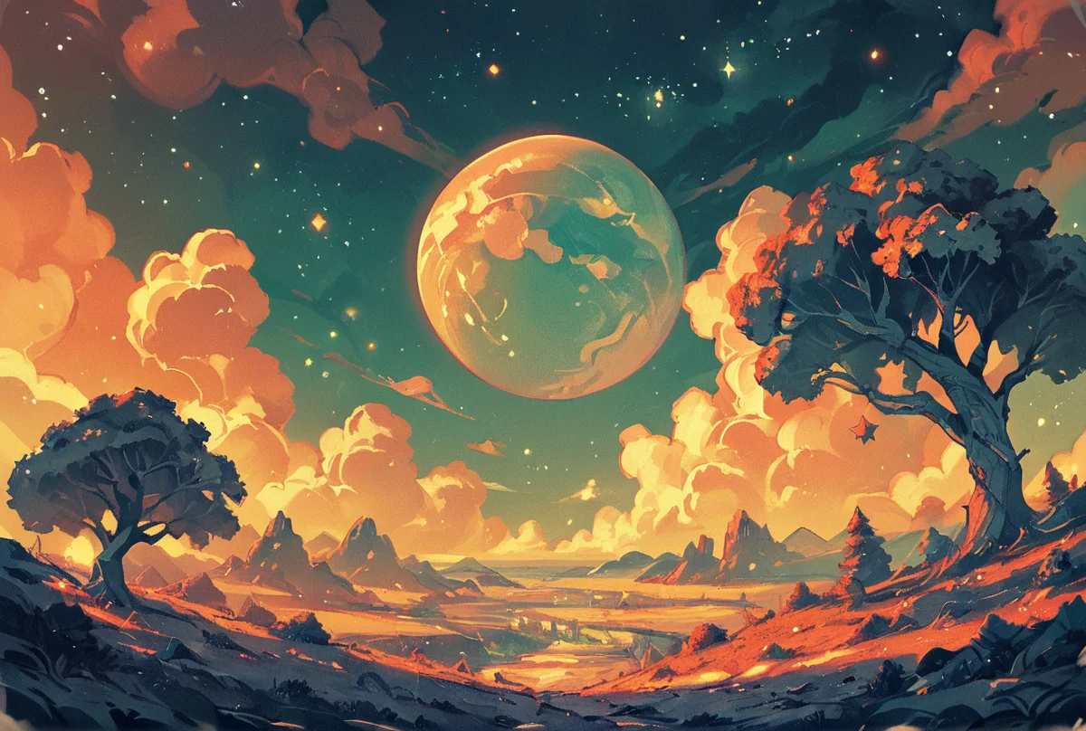 score_9.score_8_up,score_7_up,
<lora:space_backround-pony-8:0.6>,
space_backround,
scenery, no humans, cloud, sky, tree, star (sky),green and orange theme