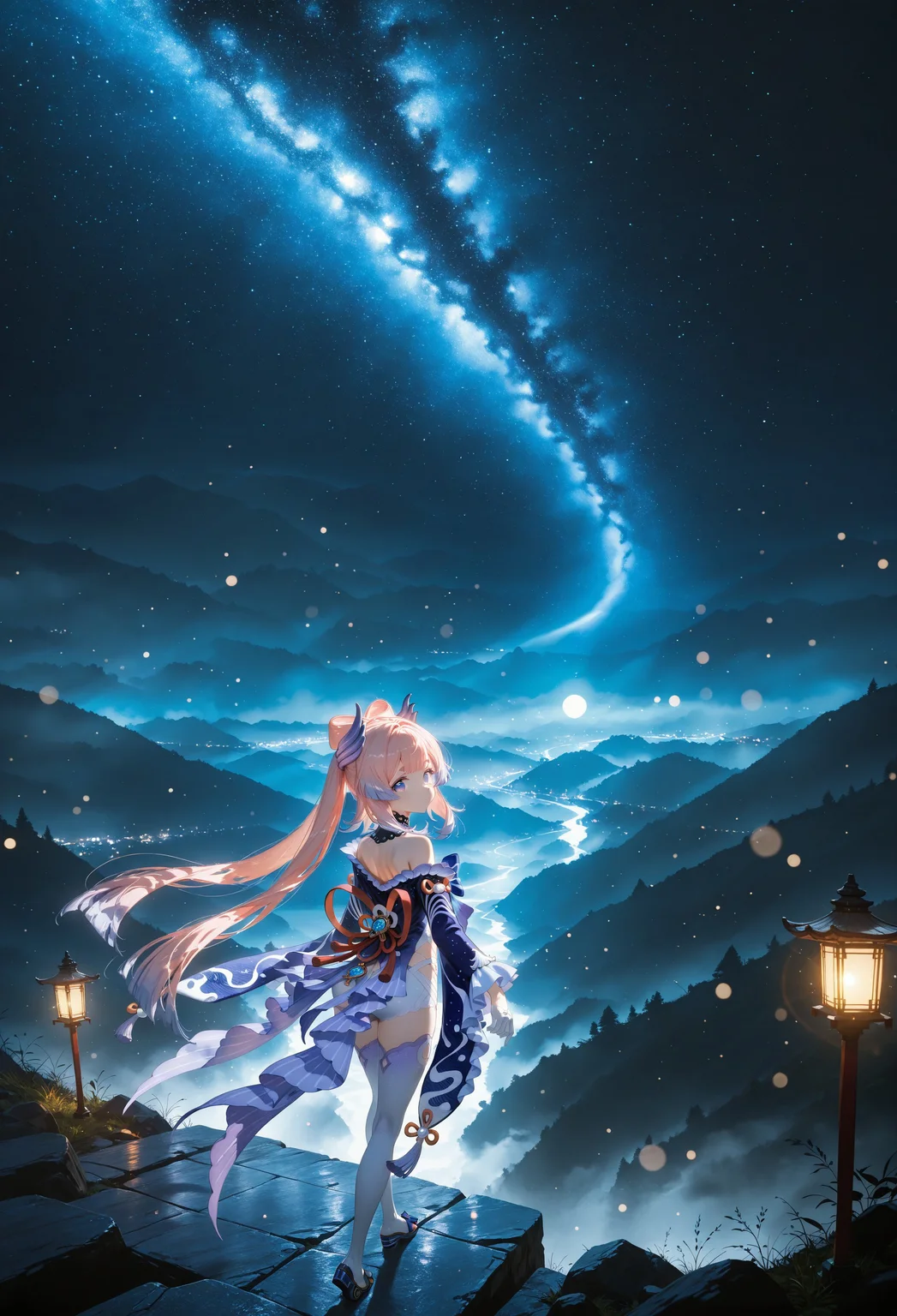 ((standing, looking back,high angle,closed up:1.5))
((1 girl,Sangonomiya Kokomi \(genshin impact\), xinhai clothes, thighhighs, navel, bow-shaped hair, long hair,white gloves, pink hair, shorts, wide sleeves, bangs,bare shoulders,glowing eyes,))
(Valley:1.5),(night,moonlight,dark sky,blue sky,starry sky:1.5),(blue hue:1.4)
((negative space:1.3)),((dynamic angle:1.5)),((foreshortening:1.5)),((extreme perspective:1.4)),(dynamic pose:1.3)),(background Bokeh, background blur:1.2)
Smooth_Quality,amazing quality, ((aesthetic:1.3)),((4k,8k,Ultra HD)),((Masterpiece :1.2)),((Best quality :1.2)),((Detailed :1.5)),((Detailed background :1.5))