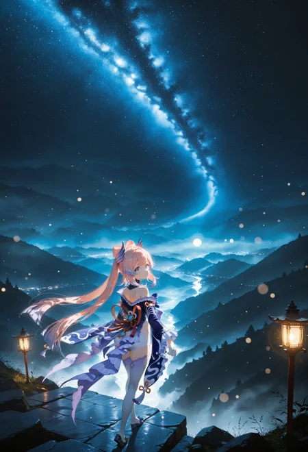 ((standing, looking back,high angle,closed up:1.5))

((1 girl,Sangonomiya Kokomi \(genshin impact\), xinhai clothes, thighhighs, navel, bow-shaped hair, long hair,white gloves, pink hair, shorts, wide sleeves, bangs,bare shoulders,glowing eyes,))

(Valley:1.5),(night,moonlight,dark sky,blue sky,starry sky:1.5),(blue hue:1.4)

((negative space:1.3)),((dynamic angle:1.5)),((foreshortening:1.5)),((extreme perspective:1.4)),(dynamic pose:1.3)),(background Bokeh, background blur:1.2)

Smooth_Quality,amazing quality, ((aesthetic:1.3)),((4k,8k,Ultra HD)),((Masterpiece :1.2)),((Best quality :1.2)),((Detailed :1.5)),((Detailed background :1.5))