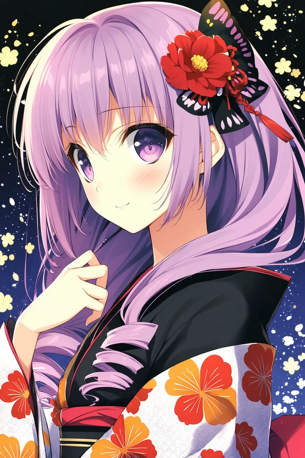 1girl, solo, flower, purple eyes, japanese clothes, hair ornament, bug, purple hair, hair flower, butterfly, kimono, smile, drill hair, floral print, looking at viewer, blush, striped, long hair, bow, upper body, ribbon,<lora:Suzuhira Hiro_XL:0.8>,
