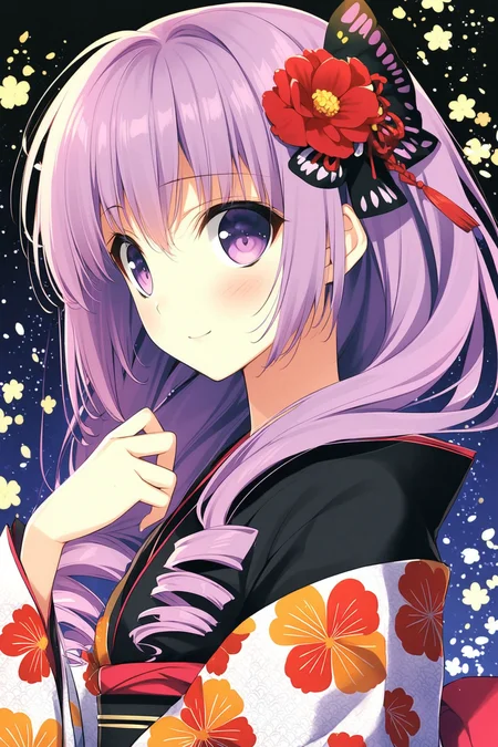 1girl, solo, flower, purple eyes, japanese clothes, hair ornament, bug, purple hair, hair flower, butterfly, kimono, smile, drill hair, floral print, looking at viewer, blush, striped, long hair, bow, upper body, ribbon,<lora:Suzuhira Hiro_XL:0.8>,