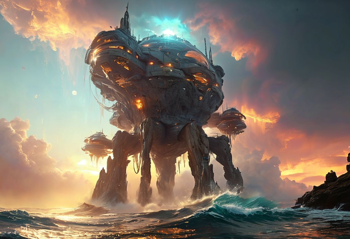 An establishing shot of a futuristic spaceship with focus on an extremely detailed panoramic background view of a vast ocean with towering backlit breaking waves, sea spray, and mist, and megastructures on the horizon. Intriguing stunning mysterious epic sci-fi fantasy scene. Hyperrealistic, mixed media, ultra-detailed, ray-traced, award-winning, light leaks, lens flare, volumetric light scattering, high contrast, implied motion, deep depth of field, vibrantly colorful, complementary colors, color graded