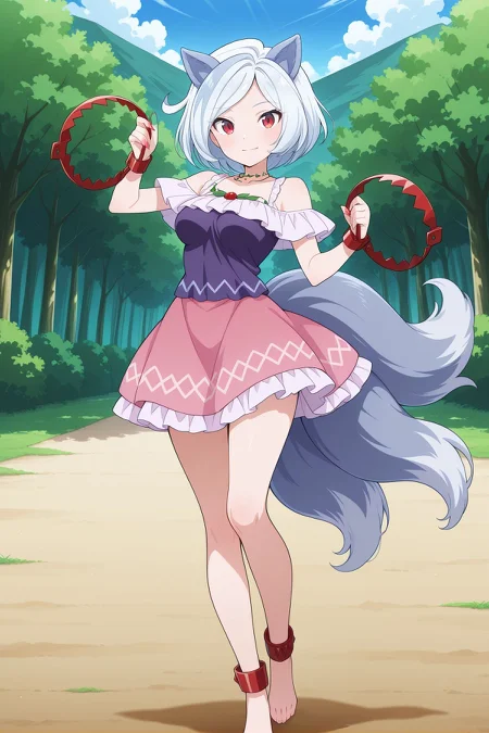 absurdres, highres, masterpiece, best quality, amazing quality, official anime artwork, screencap, anime screencap, outdoors, looking at viewer, light smile, dynamic pose, standing,
<lora:Enoko-Mitsugashira_Illustrious:1> mitsugashira enoko, 1girl, solo, red eyes, white hair, short hair, dog ears, cerberus, multiple tails, long fingernails, medium breasts,, bare shoulders, purple shirt, frills, pink skirt, bear trap, ankle cuffs, barefoot,