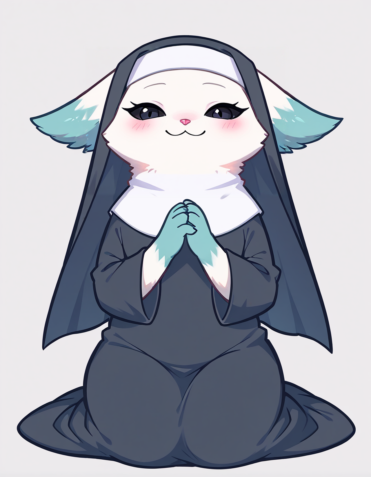 score_9, score_8_up, score_7_up, source_furry,1girl, furry female,  Minto, white fur, black sclera, black eyes, pink nose, tail, turquoise edges at the ears dress, hairband, long dress, long sleeves,nun, looking at viewer, looking to the side,robe, seiza, simple background, sitting, solo, white background<lora:Minto_XL:0.9>