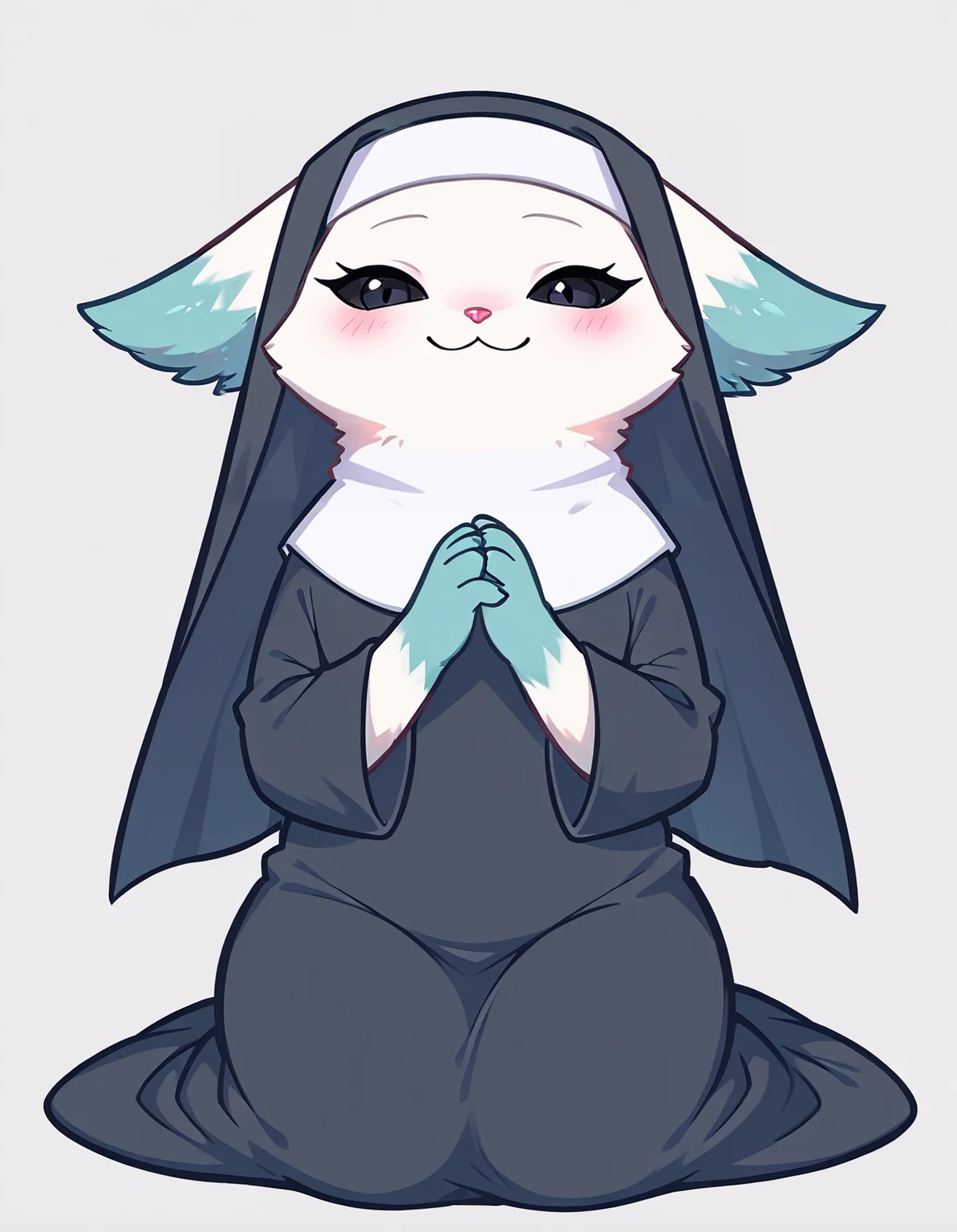 score_9, score_8_up, score_7_up, source_furry,1girl, furry female, Minto, white fur, black sclera, black eyes, pink nose, tail, turquoise edges at the ears dress, hairband, long dress, long sleeves,nun, looking at viewer, looking to the side,robe, seiza, simple background, sitting, solo, white background<lora:Minto_XL:0.9>