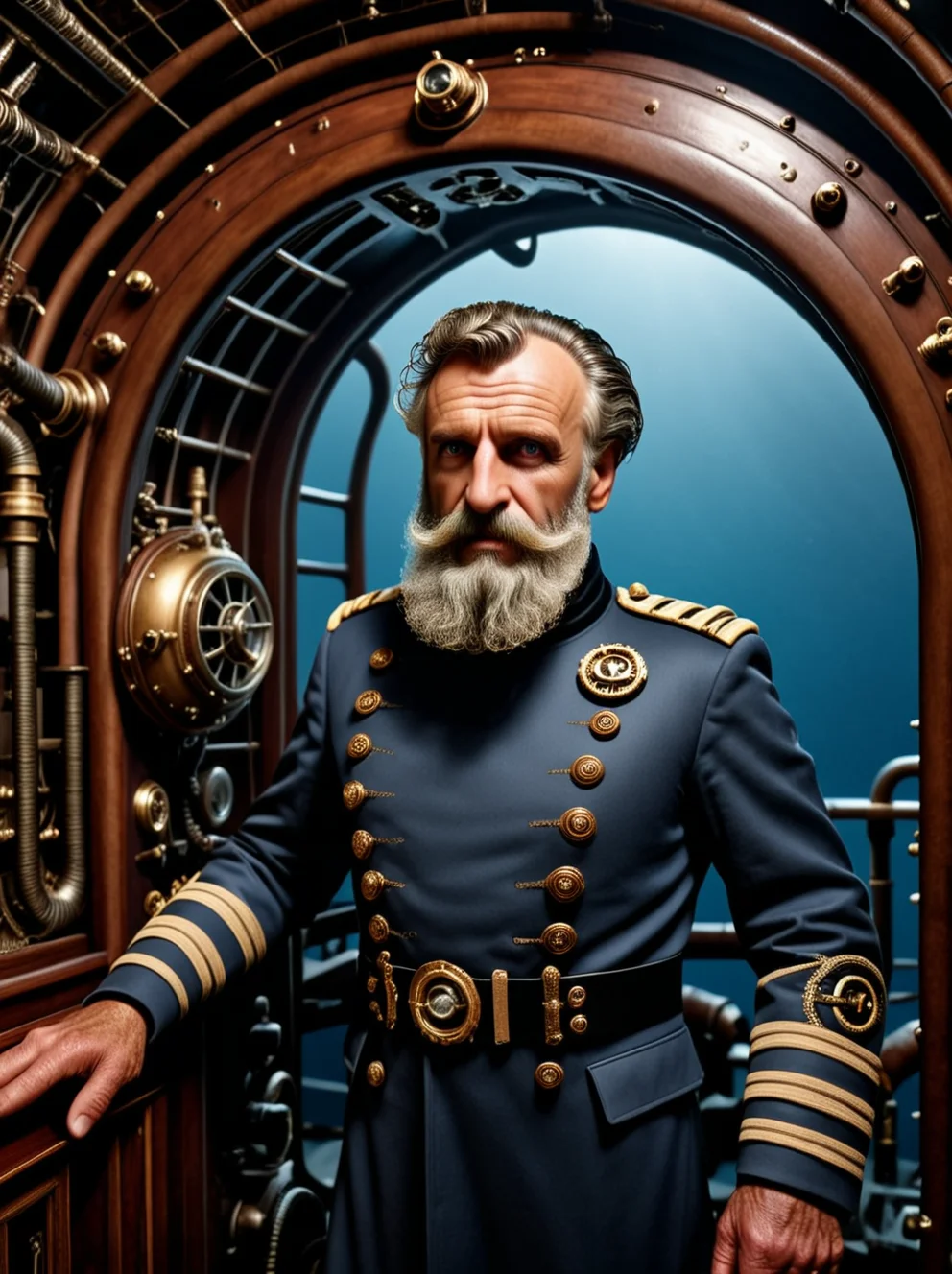 photo focus on male focus, indoors, realistic scenery, (captain nemo:1.1), looking at viewer , close-up, arch, chair, loaded <lora:Nautilus:.85>, military uniform, steampunk nautilus-style. very wide shot, character photo portrait, film, professional, 4k, highly detailed