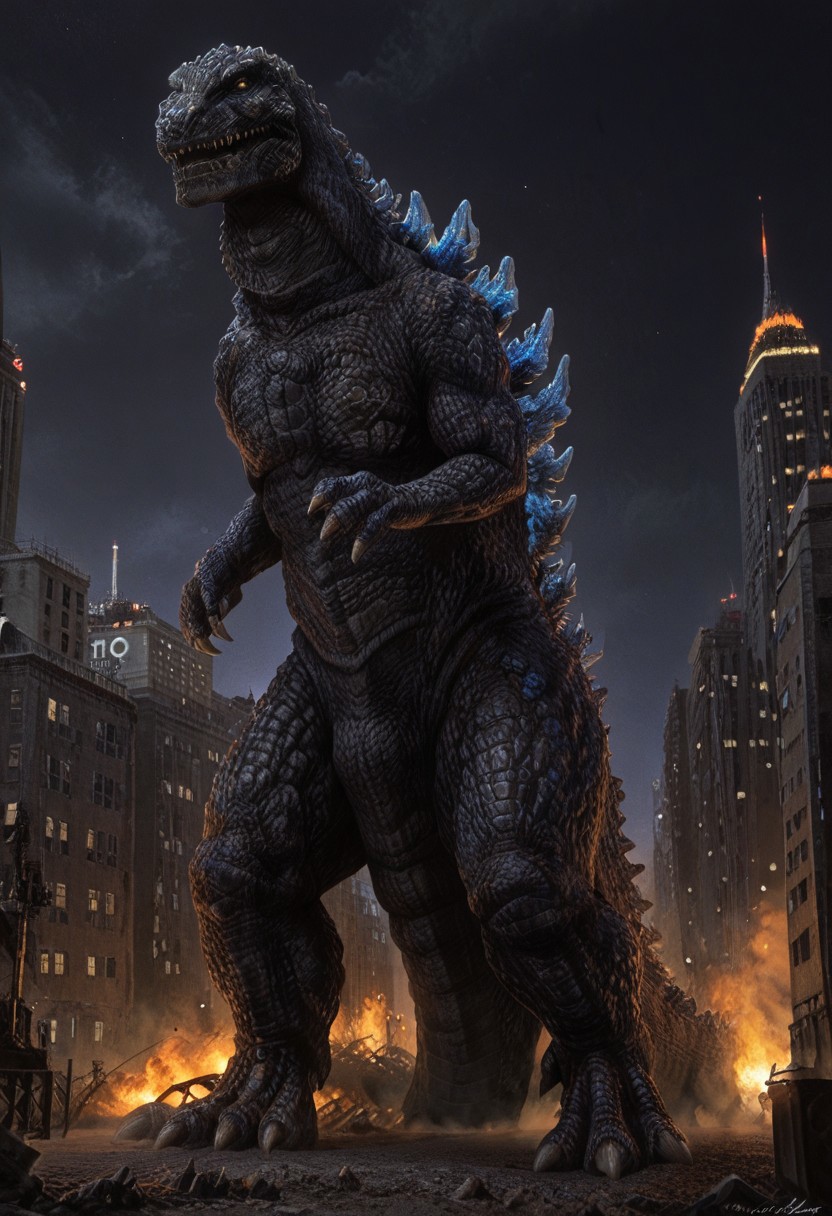 score_9, score_8_up, score_7_up, solo, 1man, giant dinosaur zilla_1998, sharp teeth, spines, blue spines, feral, realistic scales, detailed scale texture, solo, size difference, german village, solo, outdoors, city, city of fire, solo,furry male, solo, plantigrade, full body, solo, cinematic setting, extremely detailed, Macro detailed realism style photograph, night, nighttime photography, small head,
