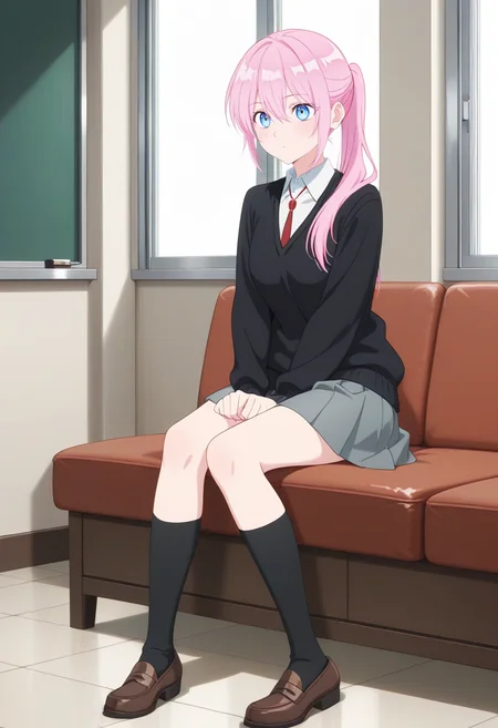 newest, masterpiece, best quality, 4k,
indoors, very aesthetic, detailed background, full body,
1girl, solo,  <lora:Miyako Shikimori:1> shik1mori, pink hair, long hair, bangs, hair between eyes, sidelocks, ponytail, , blue eyes, school uniform, black sweater, white collared shirt,red tie,pleated skirt, grey skirt, kneehighs, black socks, brown loafers