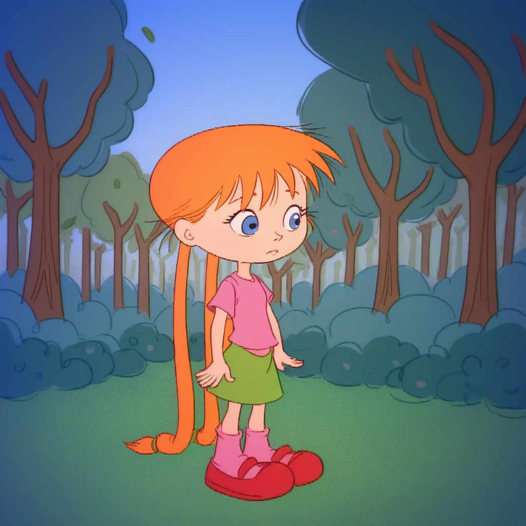 score_9_up, score_8_up, BREAK, Jackie, 1girl, solo, orange hair, blue eyes, long hair, twin tails, pink shirt, short sleeves, skirt, pink socks, red Flats,   <lora:Jackie_Bobby_World_PXL_Leaf4:1>, outdoors, forest, full body,