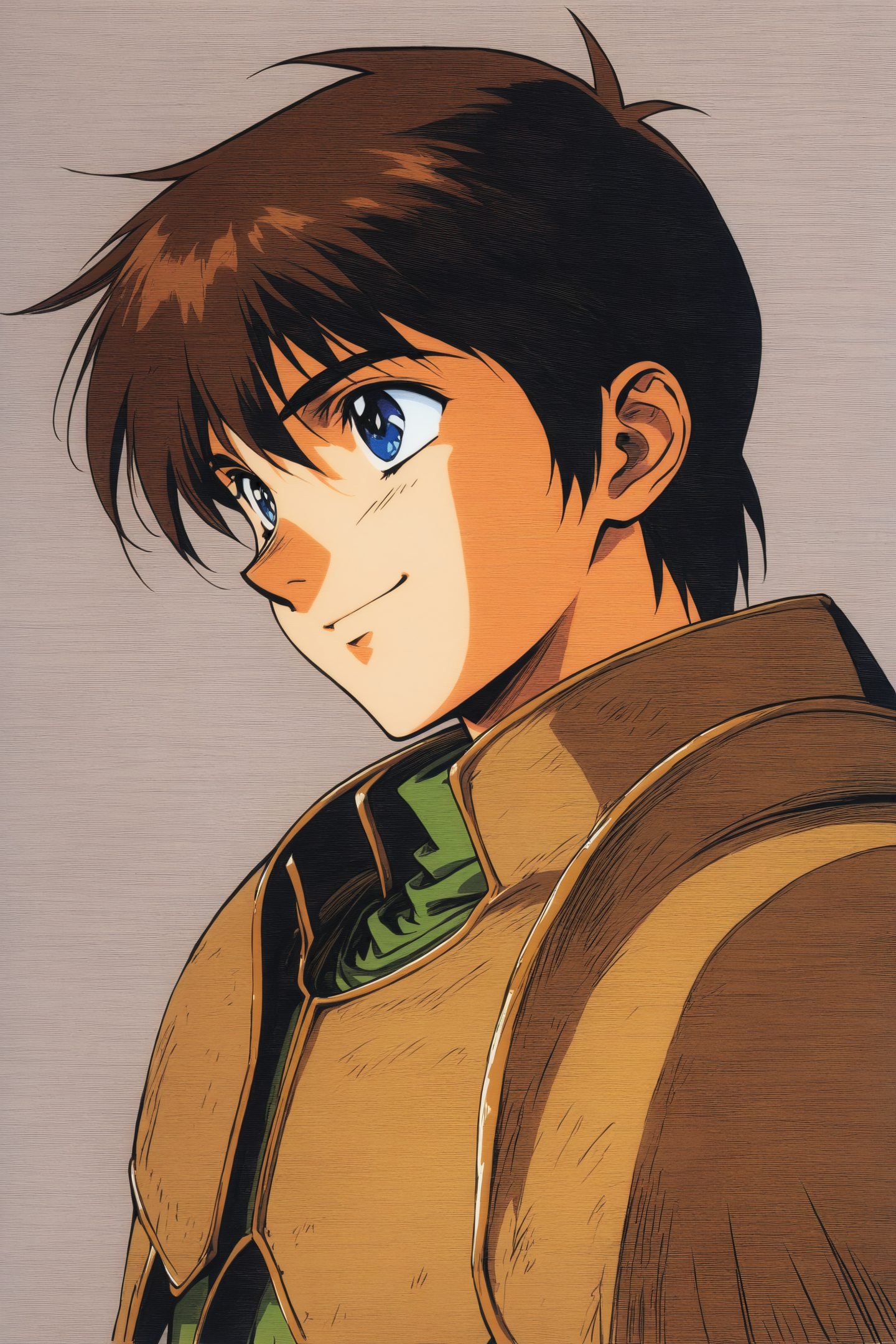 masterpiece,best quality,high quality,high score,great score,absurdres,
Parn,solo,1boy,male focus,brown armor,blue eyes,smile,simple background,brown hair,upper body,shoulder armor,retro artstyle,traditional media,
<lora:yuuki nobuteru_XL_v2:0.8>,