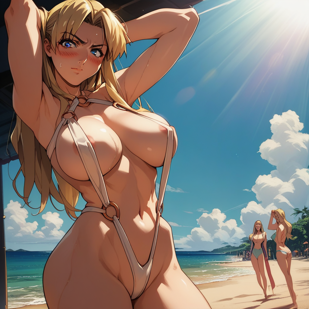 retro_artstyle, 2000s_(style),  oobari_masami_(style), score_9, score_8_up, score_7_up, score_6_up, score_5_up, score_4_up, source_anime, (high quality:1.2), cinematic lighting, extremely detailed, shaiya_hishizaki, mature female, standing, arms behind head, cowboy shot, determined, blush, seductive smile, looking at viewer, sweat, blonde hair, long hair, blue eyes, white slingshot swimsuit, o-ring, curvy, narrow waist, large breasts, thighs, nipple slip, day, sunlight, beach party,