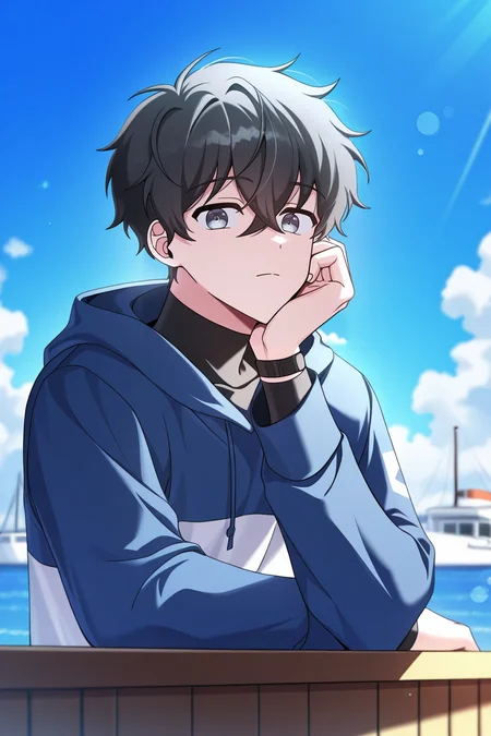 masterpiece, best quality, amazing quality, very aesthetic, high resolution, ultra-detailed, absurdres, newest, scenery, volumetric lighting, depth of field,anime screencap, , , 1boy, solo, male focus, <lora:kim_hajin:0.88>,kim hajin, black hair,grey eyes,short hair,looking at viewer,black shirt,turtleneck,long sleeves, hair between eyes, closed mouth, upper body, outdoors, sky, day, cloud, hood, blue sky, hoodie, hood down, hand on own face, head rest, blue hoodie,boat