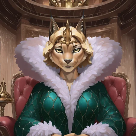 best quality, amazing quality, absurdres, newest, high quality, masterpiece, KittKantoMTG, 1girl, feline, crown, blonde hair, short hair, green dress, fur trim, furry female, solo, animal ears, indoors, club, booth, upper body, sitting, looking at viewer, front view, yellow eyes <lora:Kitt_Kanto_Magic_the_Gathering:.9>  <lora:NOOB_vp1_detailer_by_volnovik_v1:1>