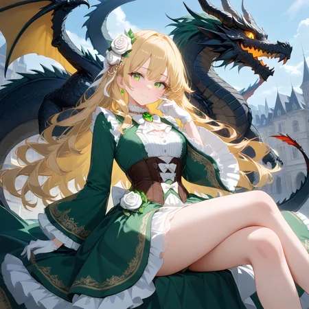 1girl,solo,
(score_9,score_8_up,score_7_up, source_anime,rating_all),
masterpiece,
BREAK
yellow_eyes_black_dragon,dragon wings,
hand_on_own_face,crossed legs,
<lora:audrey-hall-green-lotm-pony6-xl-flyingdeer-v2.0:0.75>,
AndreyHall,
blonde hair,long hair,(wavy hair:1.05),
hair ornament,(hair flower, white rose),
green eyes,
necklace,jewelry,
(bow, white bow),
(gloves, white gloves),
green gemstone,
white ascot,
brooch,frills,lace trim,
(dress, green dress, white dress),
corset,
(long sleeves, wide sleeves),
european architecture,